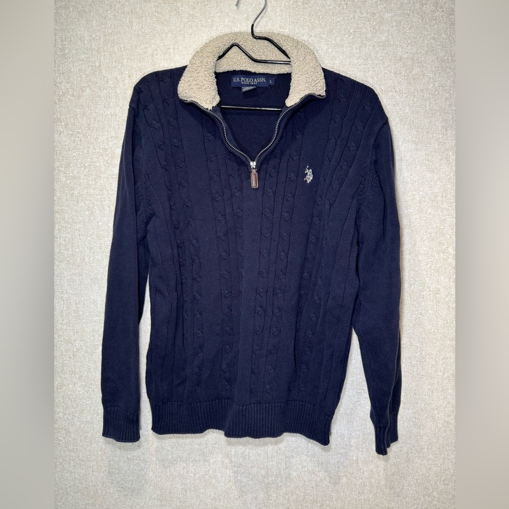 U.S. Polo Assn. Navy Blue Cable Knit 1/4 Zip Sweater With Sherpa Collar Size L